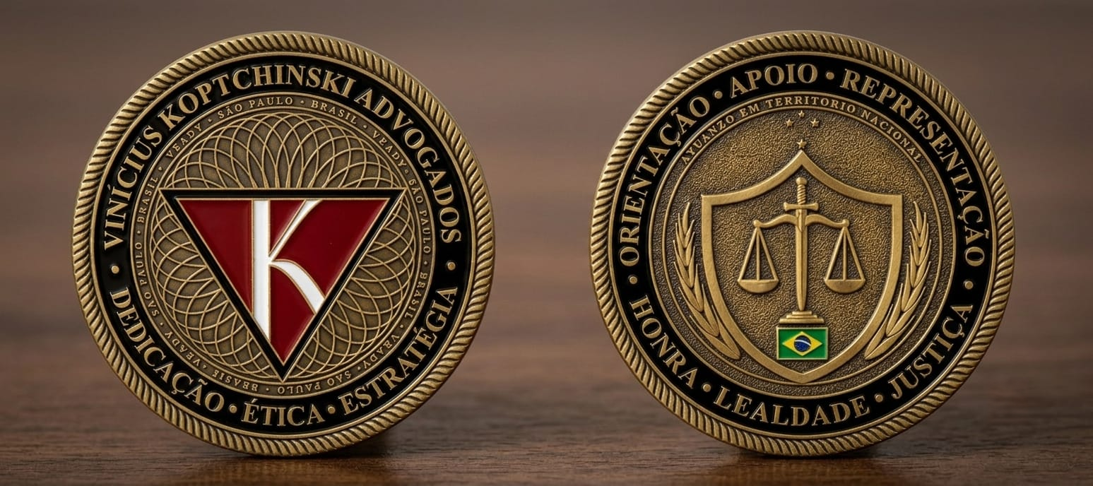Anverso e reverso da challenge coin do VKADV: marca VK, lemas institucionais, escudo, espada, balança e bandeira do Brasil